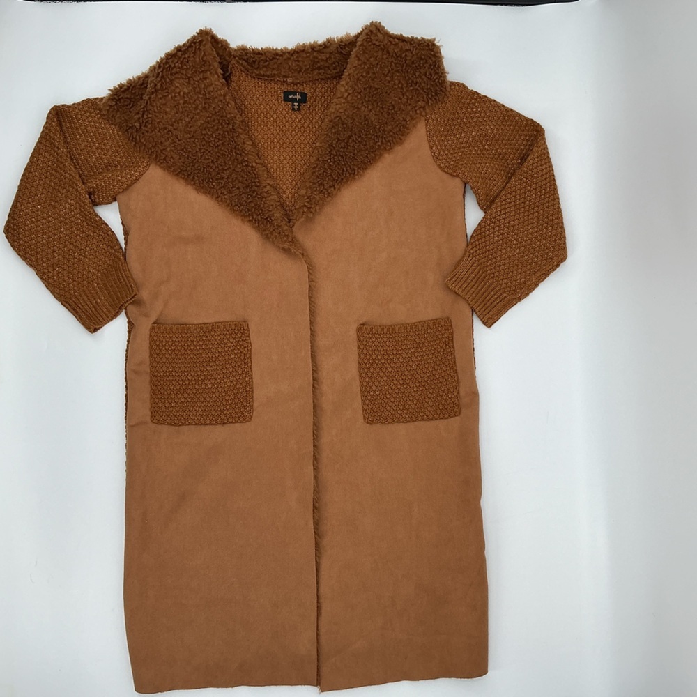 Women's Brown Cardigan with Faux Fur Trim